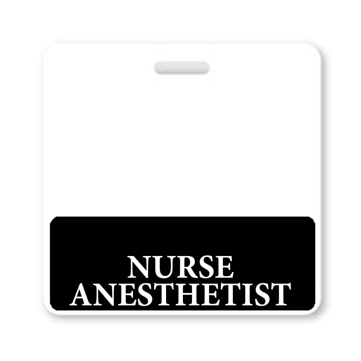 A Nurse Anesthetist Horizontal Badge Buddy with Black Border featuring a white background and a black section at the bottom displaying the text "NURSE ANESTHETIST" in white capital letters, perfect for student nurses identification.
