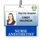 Identification badge for Cindy Valencia at Big City Hospital, titled Nurse Anesthetist. The badge includes a photo of Cindy, hospital logo, caduceus symbol, and serves as her Nurse Anesthetist Horizontal Badge Buddy with Blue Border in the hospital setting.