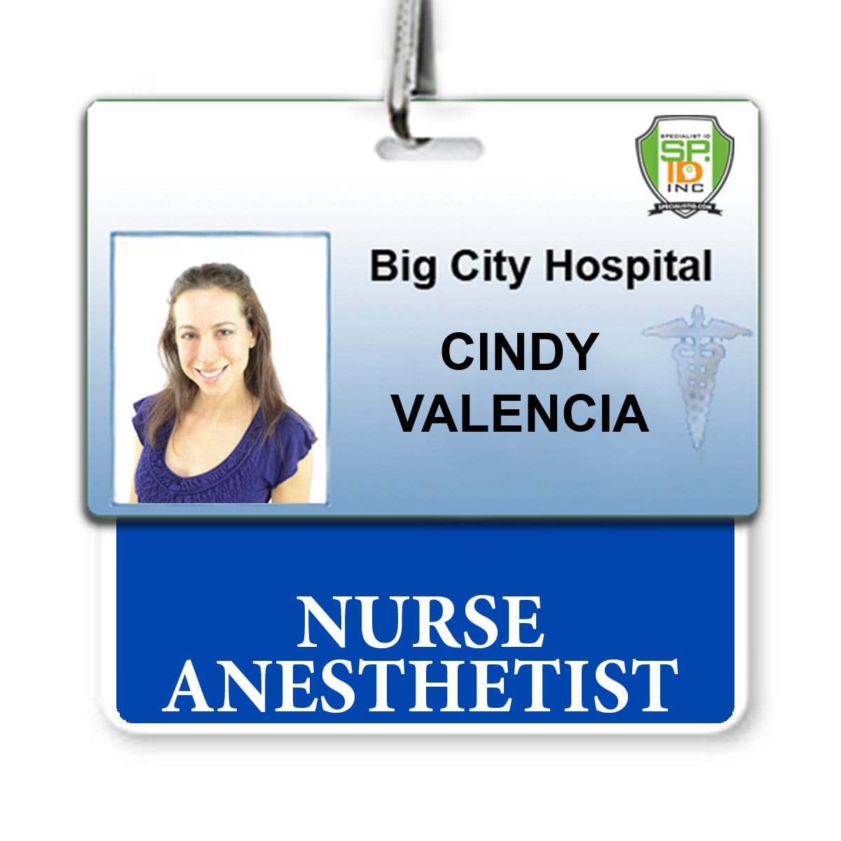 Identification badge for Cindy Valencia at Big City Hospital, titled Nurse Anesthetist. The badge includes a photo of Cindy, hospital logo, caduceus symbol, and serves as her Nurse Anesthetist Horizontal Badge Buddy with Blue Border in the hospital setting.