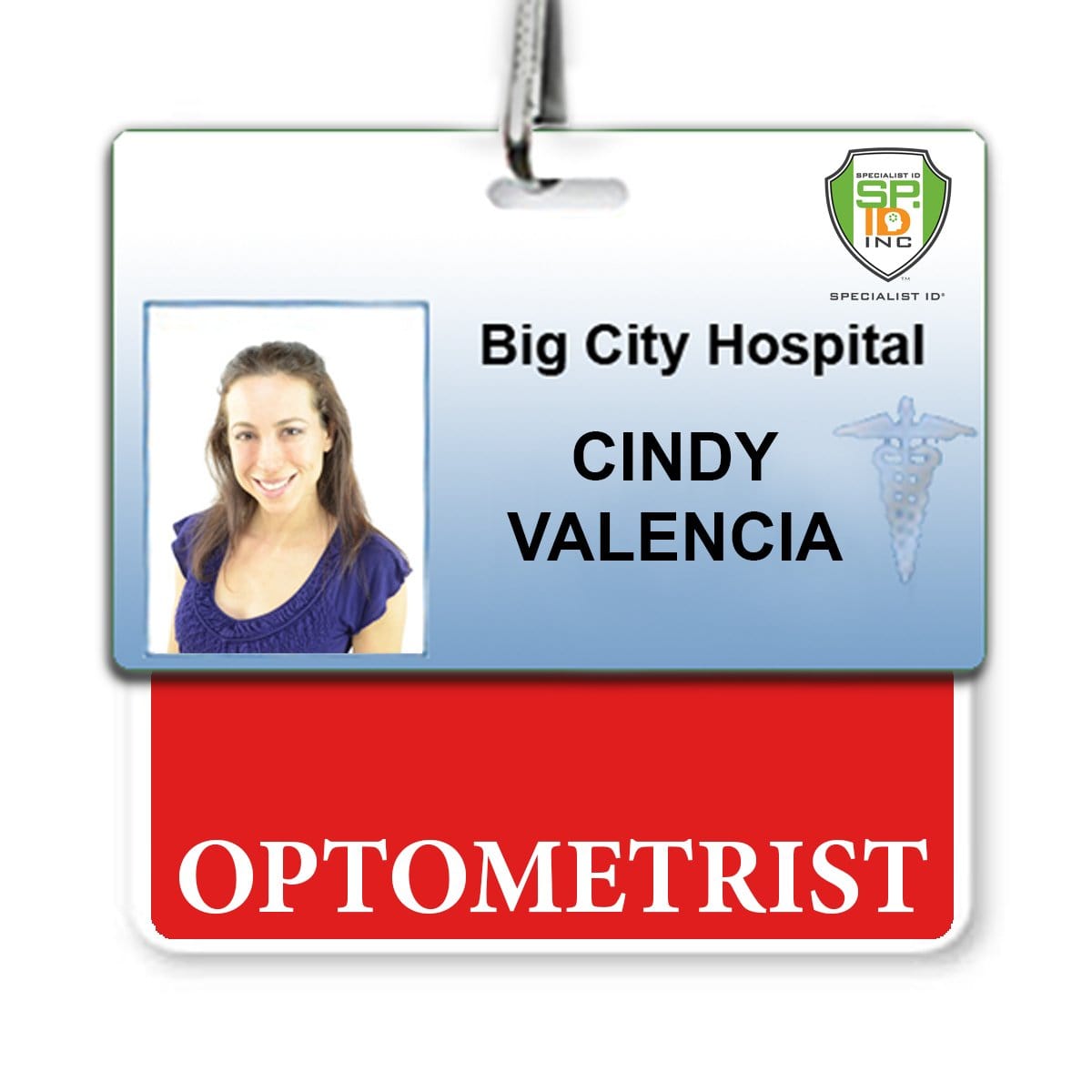 ID badge for Cindy Valencia, an optometrist at Big City Hospital. The badge displays her photo, the hospital logo, a specialist ID sticker, and features a red border to ensure it stands out. Additionally, it includes an "Optometrist" Horizontal Badge Buddy with Red Border for easy identification and added functionality.