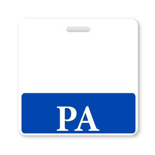 White rectangular badge with a blue strip at the bottom featuring the letters "PA" in white, ideal for role recognition in a hospital environment. This PA Horizontal Badge Buddy with Blue Border ensures clear identification and seamless communication among medical staff.