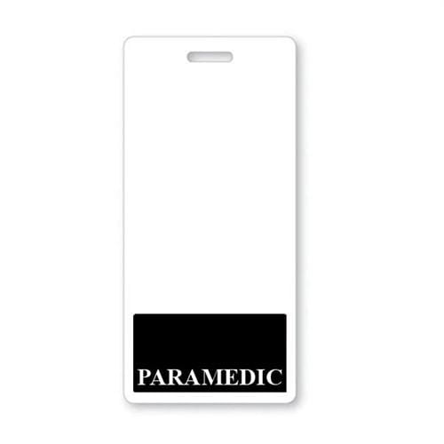 White identification badge featuring a black rectangular section at the bottom displaying the word "PARAMEDIC" in white text for instant role recognition. This PARAMEDIC Vertical Badge Buddy with BLACK Border ensures your photo ID identification is always clear and professional.