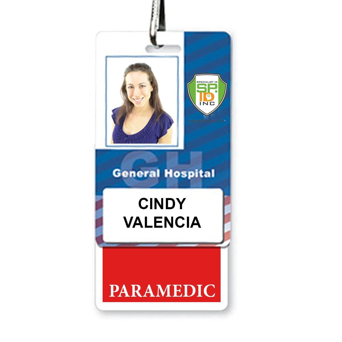 Identification badge for Cindy Valencia, a paramedic at General Hospital, featuring her photo and paramedic designation for instant role recognition has been replaced with a PARAMEDIC Vertical Badge Buddy with Red Border.