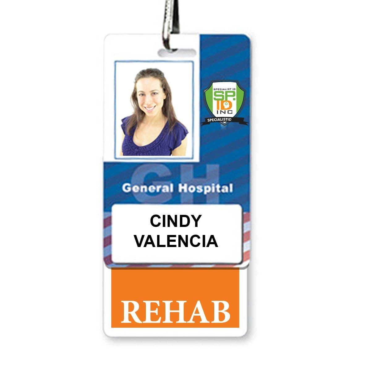 ID badge for Cindy Valencia from General Hospital's Rehabilitation department, featuring a portrait and a 'SP19 Certified' insignia on the top right. This REHAB Vertical Badge Buddy with ORANGE Border includes an orange border to ensure visibility in the hospital setting.