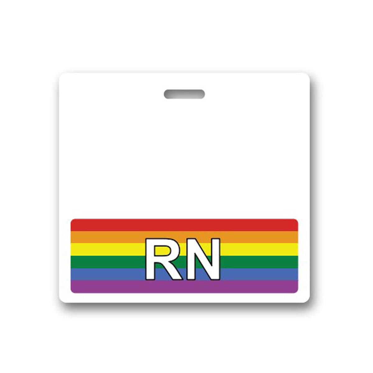 A badge with "RN" text in white on a horizontal rainbow-striped background at the bottom, commonly associated with registered nurses and LGBTQ+ pride, often referred to as an RN Badge Buddy Horizontal Badge Buddies for Registered Nurses (Standard Size).