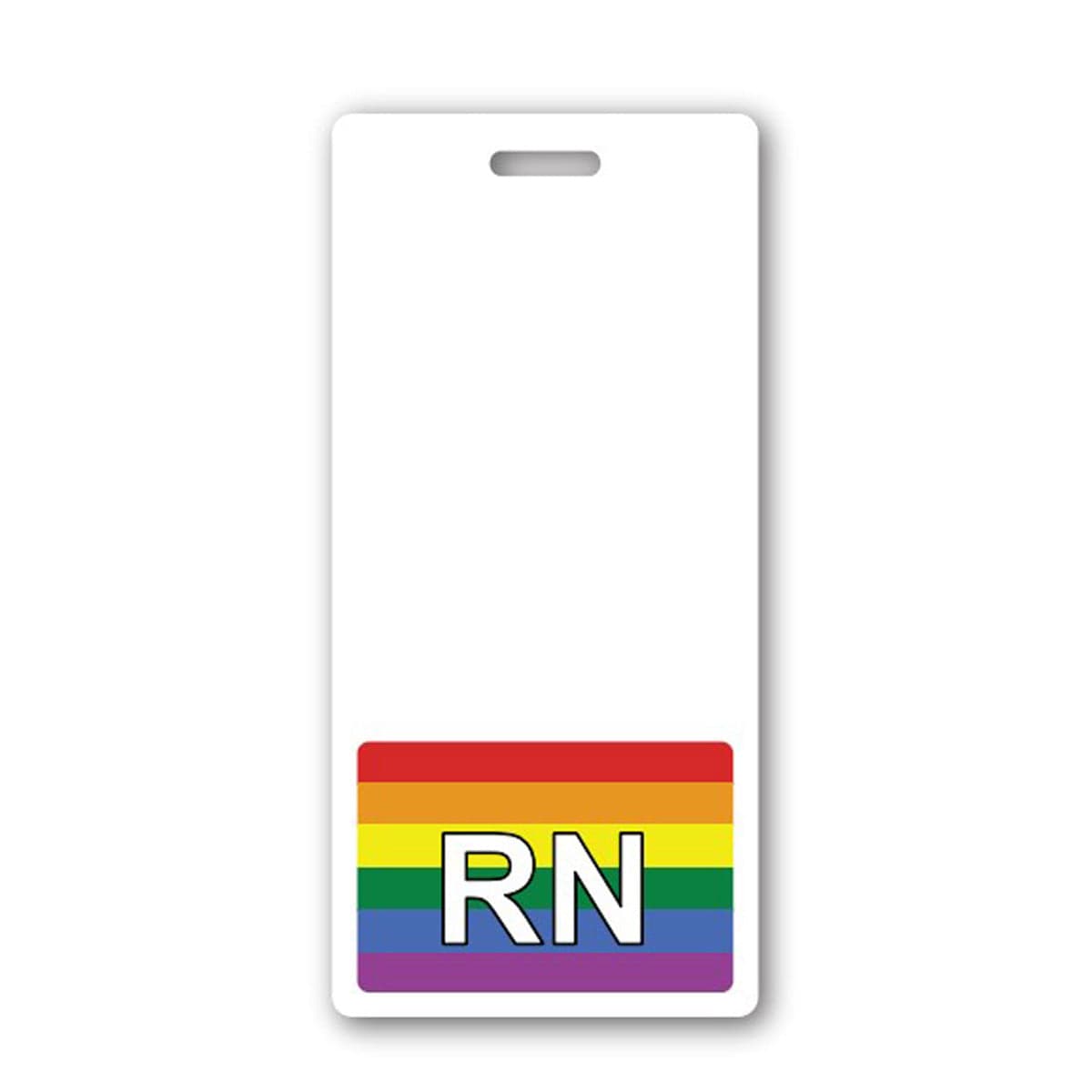 A white hospital ID badge with a rainbow stripe at the bottom, featuring the letters "RN" in the center of the stripe, making it a perfect RN Badge Buddy Vertical Hospital ID Badge Backer Card for Registered Nurses - Standard Size for key personnel.