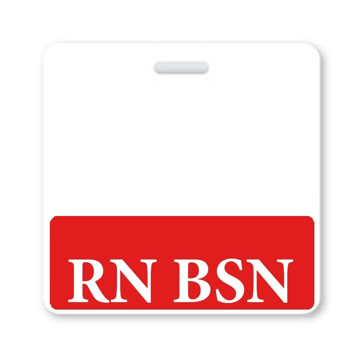 A white hospital badge ID with a red section at the bottom displaying the text "RN BSN Registered Nurse Horizontal Badge Buddy" in white letters.