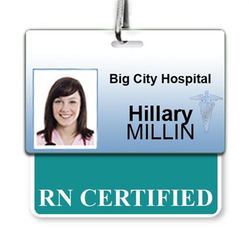 ID badge for "Hillary Millin," featuring a photo, the logo for Big City Hospital, and an RN Certified designation with an "RN CERTIFIED" Registered Nurse Horizontal Badge Buddy with Teal Border.