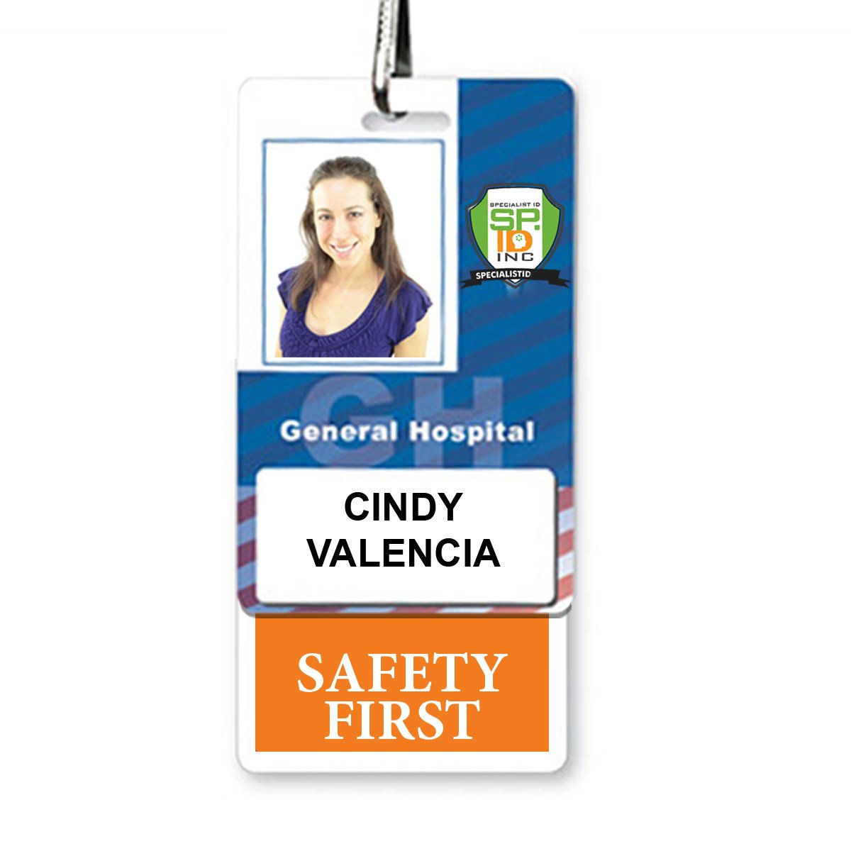 ID badge for Cindy Valencia from General Hospital, featuring a photo, an orange border, a safety certification badge, and a "SAFETY FIRST" Vertical Badge Buddy with Orange Border at the bottom.