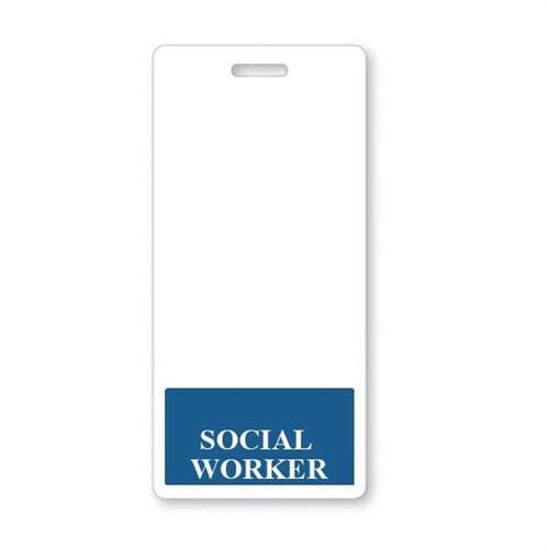 A white SOCIAL WORKER Vertical Badge Buddy with Blue Border with a blue bottom section displaying the words "SOCIAL WORKER" in white text.