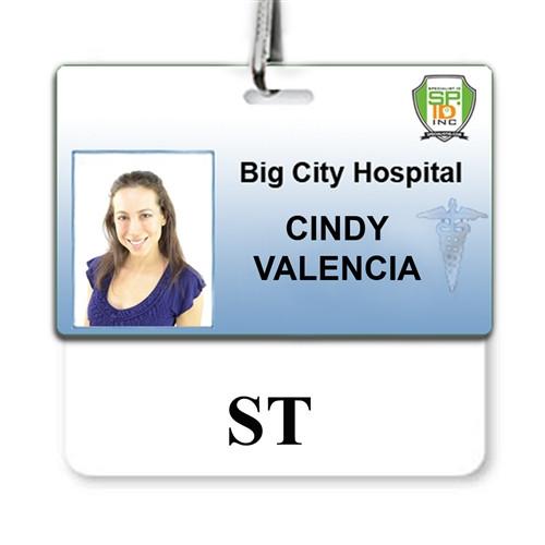 A hospital ID card for "Big City Hospital" displays a photo of Cindy Valencia and the initials "ST" Horizontal Badge Buddy with White Border below, serving as a badge buddy for hospital role recognition.