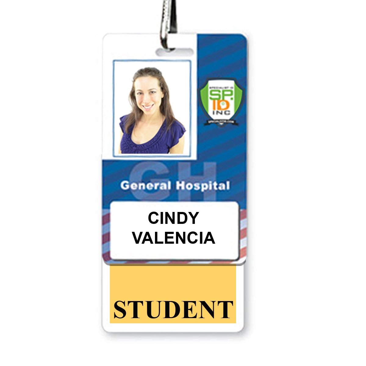 Identification badge for General Hospital featuring a photo of a woman. The Student Vertical Badge Buddy with Yellow Border has the name "Cindy Valencia" and the title "Student," and includes a yellow border.