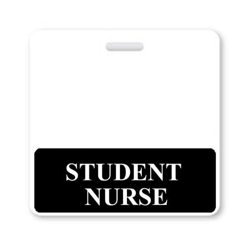 A STUDENT NURSE Horizontal Badge Buddy with Black Border with a black section at the bottom that reads "STUDENT NURSE" in white letters. The top section is blank, perfect for use in a hospital setting.