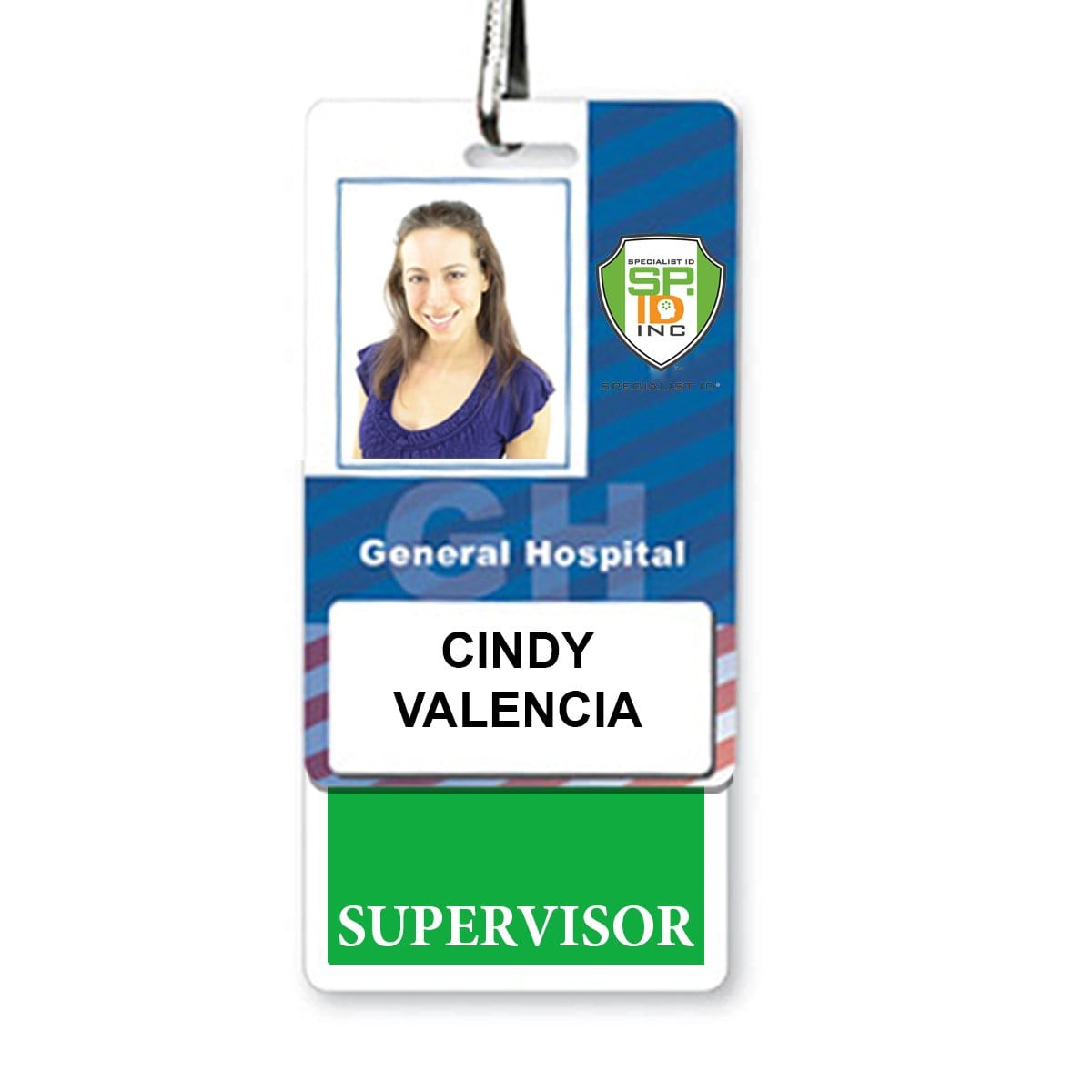 Identification badge for Cindy Valencia, a supervisor at General Hospital, showcasing her photograph and hospital logo, complemented by a Supervisor Vertical Badge Buddy with GREEN border for easy identification.