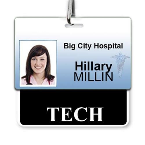 A hospital ID badge for Hillary Millin from Big City Hospital. The badge has her photo, job title "TECH," and a medical emblem, serving as a TECH Horizontal Badge Buddy with Black Border that ensures role recognition among hospital technicians.