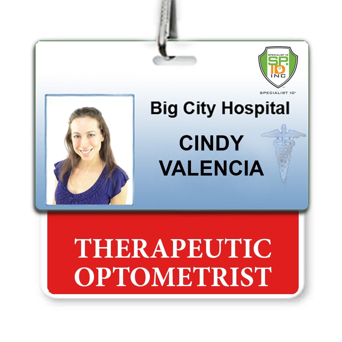 Therapeutic Optometrist" Horizontal Badge Buddy with Red Border for "Cindy Valencia," a therapeutic optometrist at Big City Hospital, featuring her photo and title, with a red border adding a touch of professionalism.