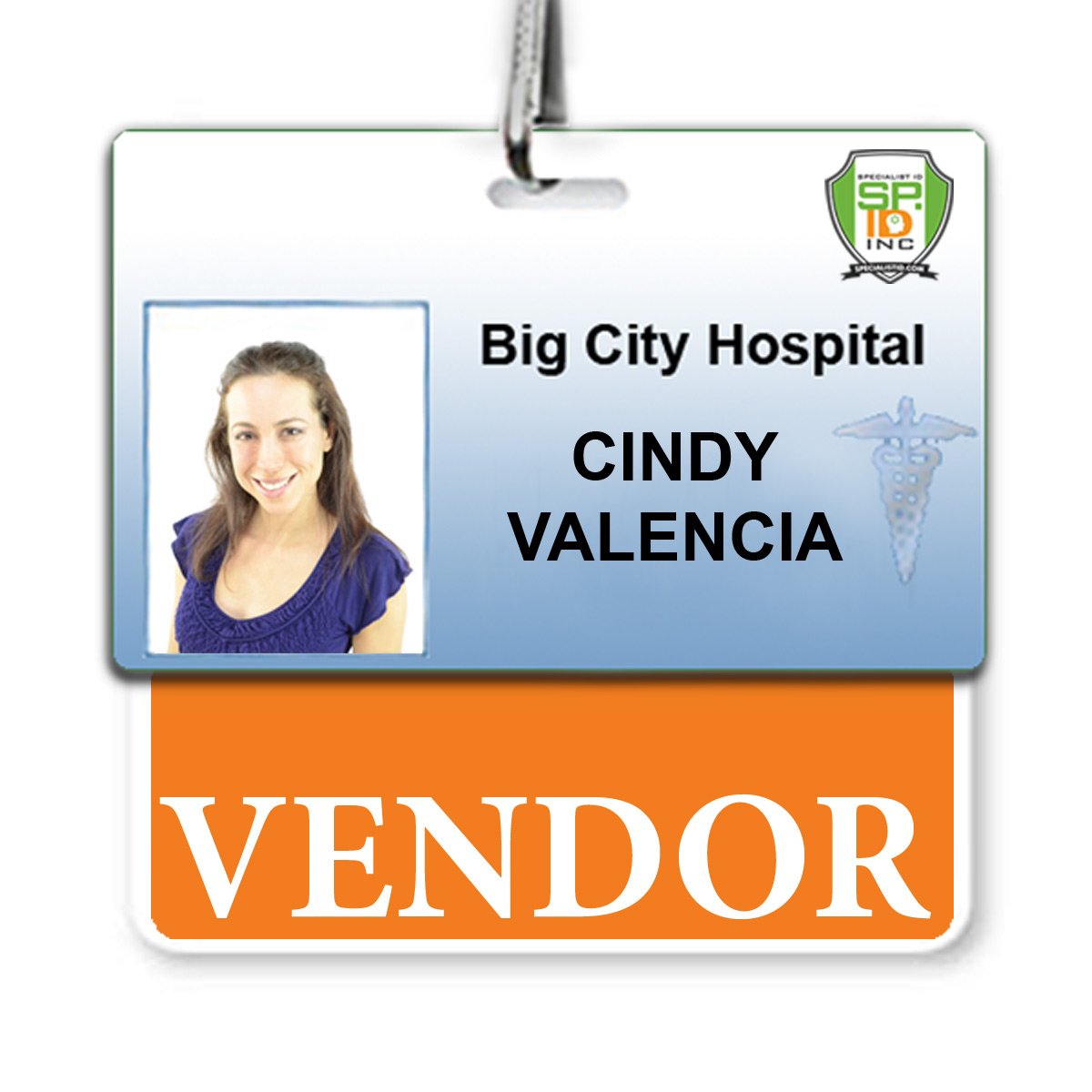 An ID badge for Big City Hospital with the name "Cindy Valencia" and a photo of a smiling woman. Attached below is a VENDOR Horizontal Badge Buddy with Orange Border for clear role recognition.