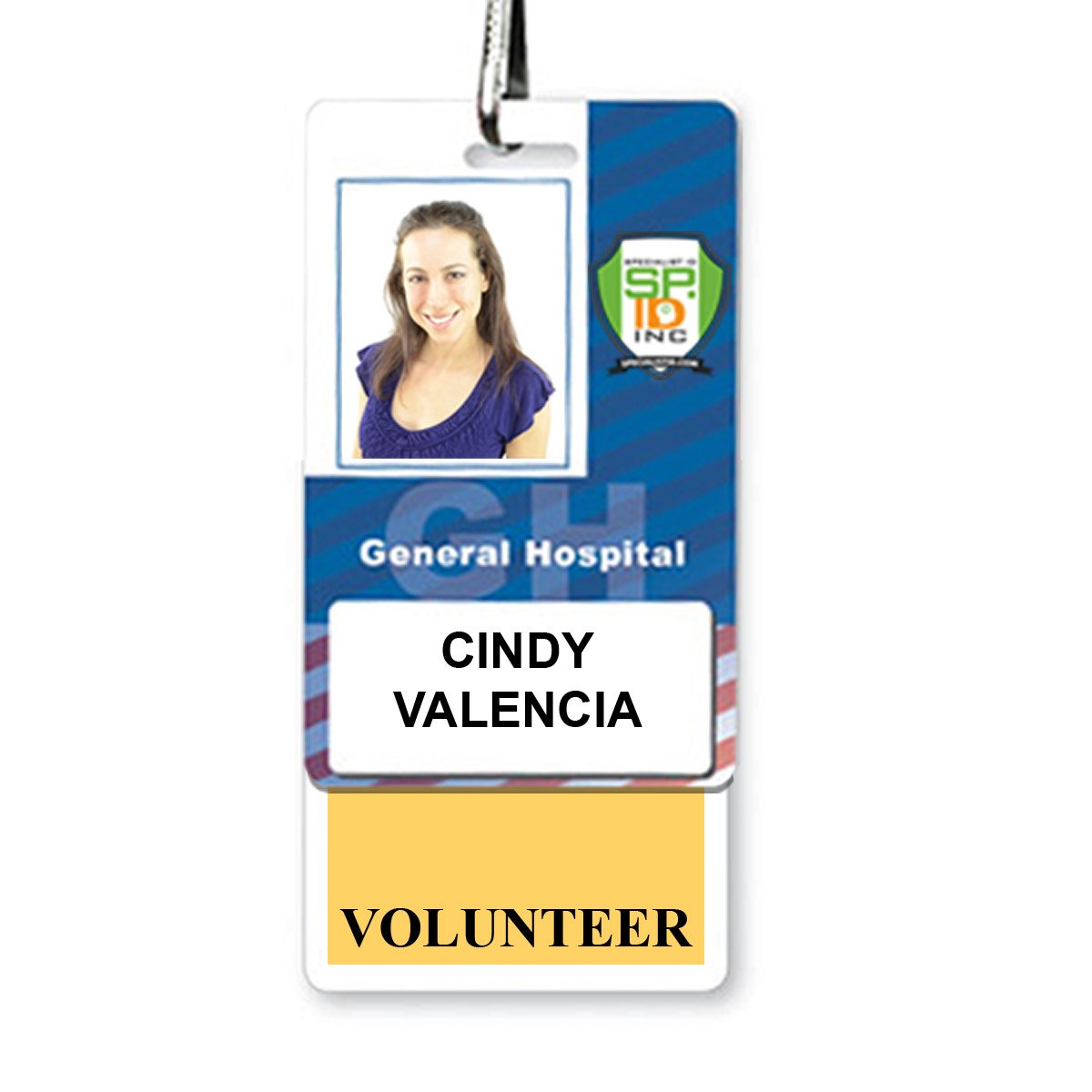 A laminated teslin badge for Cindy Valencia at General Hospital. This "Volunteer" Vertical Badge Buddy with Yellow Border features her photo, name, and the word "VOLUNTEER" on a yellow background, ensuring instant role recognition.