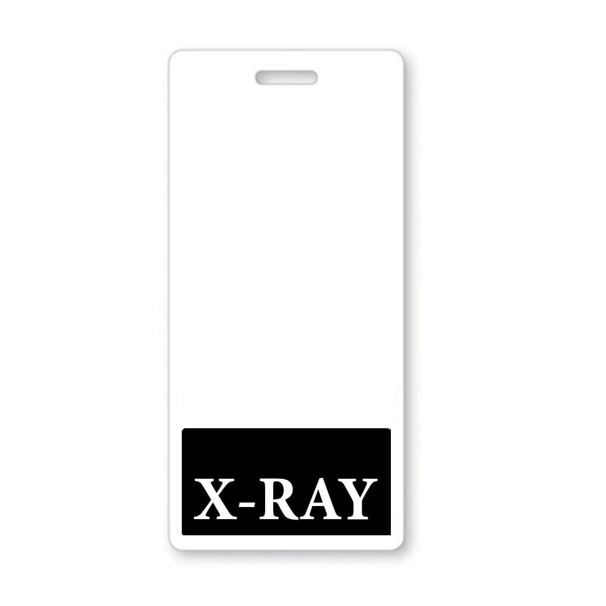 A white hospital badge with a blank space at the top and a black section at the bottom displaying the text "X-RAY" in white letters, serving as an X-RAY Vertical Badge Buddy with BLACK Border for technologist identification.
