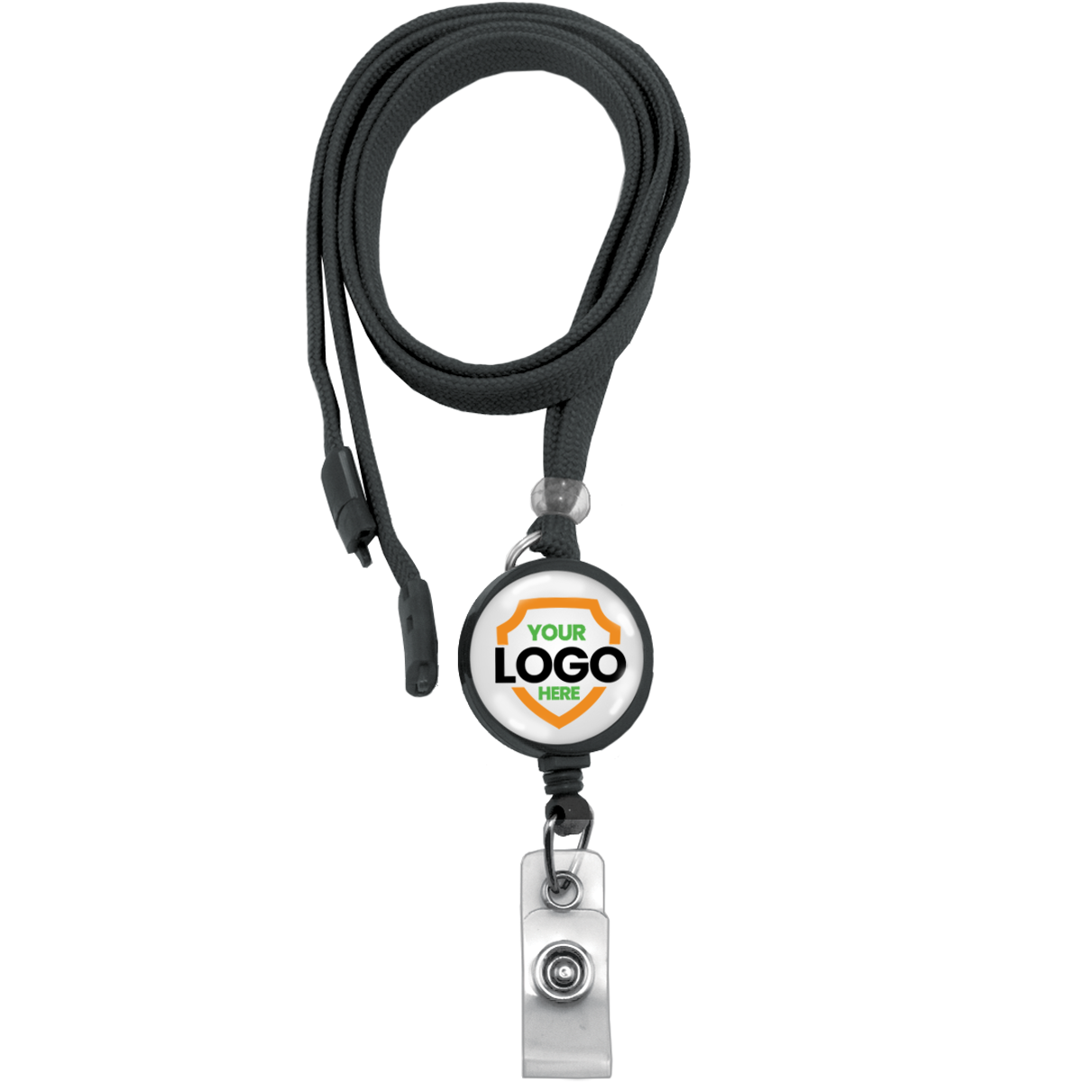 A black lanyard with a retractable badge reel displaying a placeholder logo and the text "Your Logo Here" is perfect for promoting brand awareness and maintaining a professional image. Customize these Custom Breakaway Lanyard ID Holder Badge Reel Combos to elevate your organization’s presence at events and in daily operations.