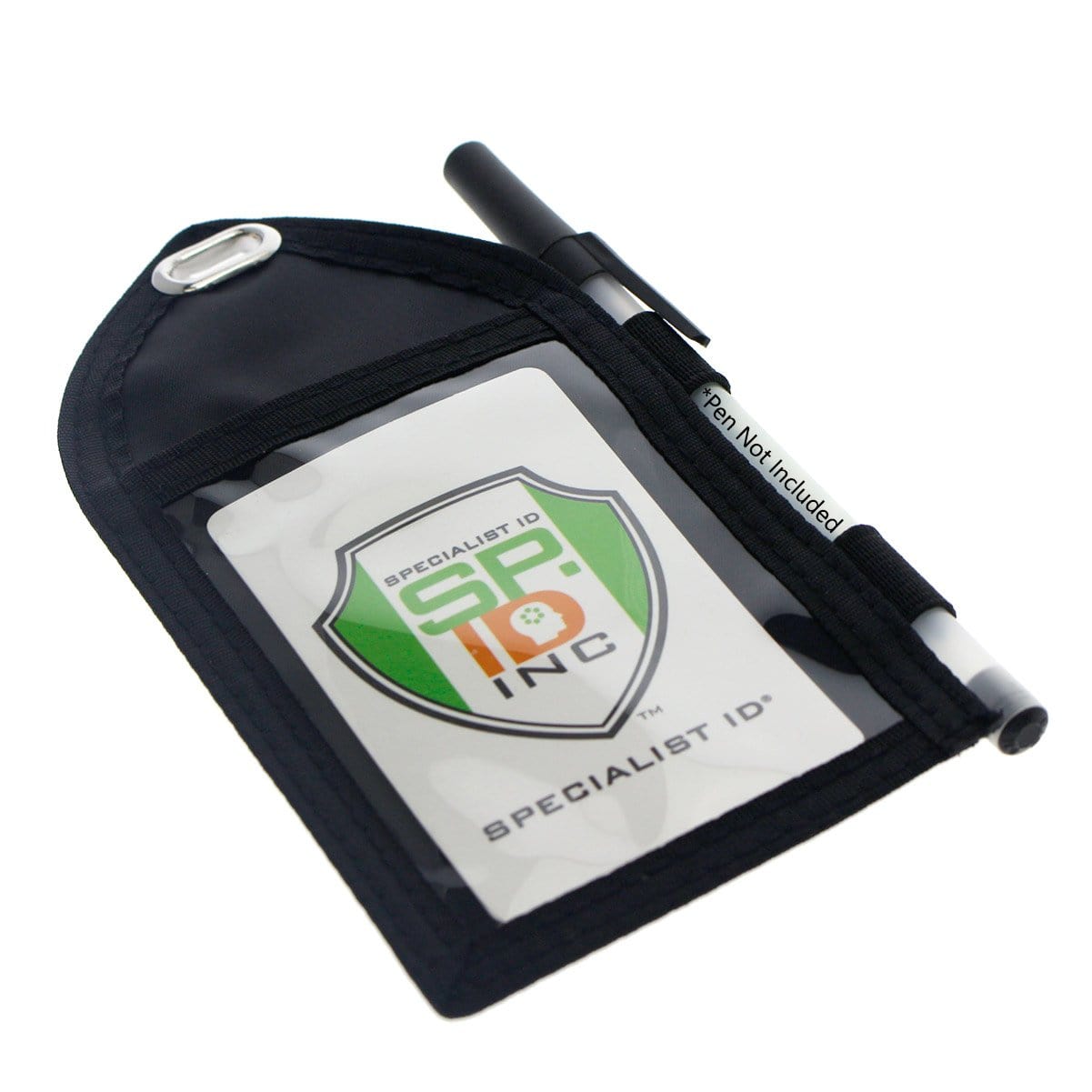 Black badge holder with a clear front displaying a "Specialist ID, Inc." card. This Vinyl Slotted 2 Pocket Black Credential Wallet with Pen Holder (CW-2-BLK) features a side pen holder with a black pen labeled "Pen Not Included.