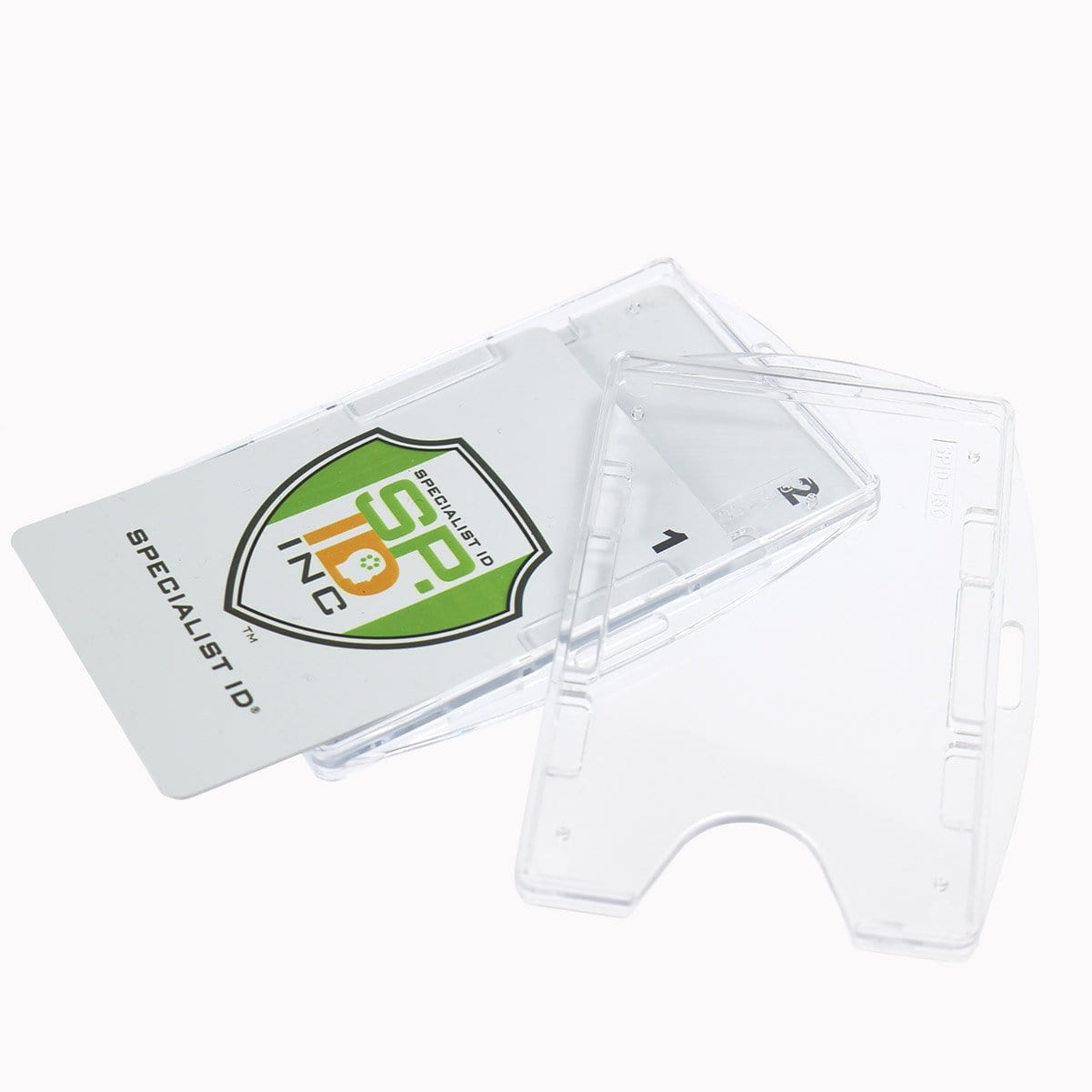 A Crystal Clear Rigid Open-Faced 2 Card Holder - Optional Vertical or Horizontal (P/N SPID-150) and an ID card with a green and yellow "Specialist ID" logo are displayed against a white background.