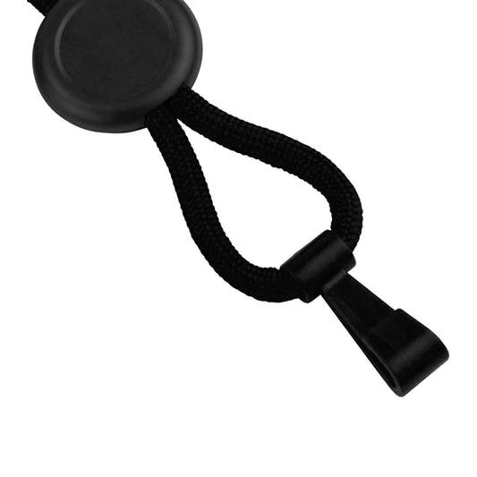 Close-up of a black drawstring with a plastic toggle and clip, similar to those found on a Round Heavy Duty "No-Twist" Breakaway Black Lanyard w/ Slider (P/N FF-34H-BLK), used for securing or tightening items.
