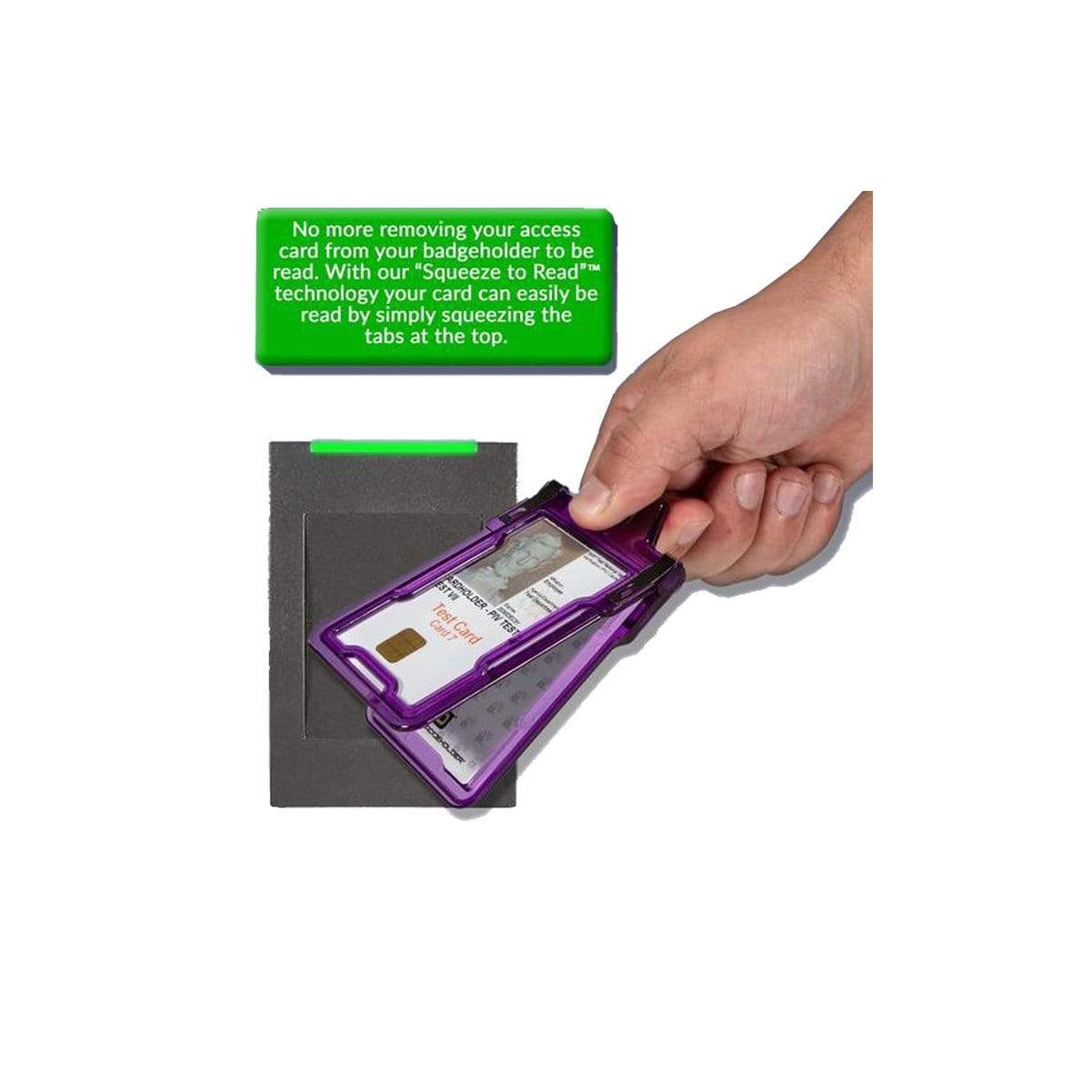 A hand using an Identity Stronghold RFID Blocking Secure Badgeholder Classic - Holds 1 Card - Shields 13.56MHz Signal (IDSH1004-001B-002) with a purple design scans an access card at a reader, with highlighted text explaining the "Squeeze to Read" technology for easy scanning without removing the card, while also benefiting from RFID blocking for added security.