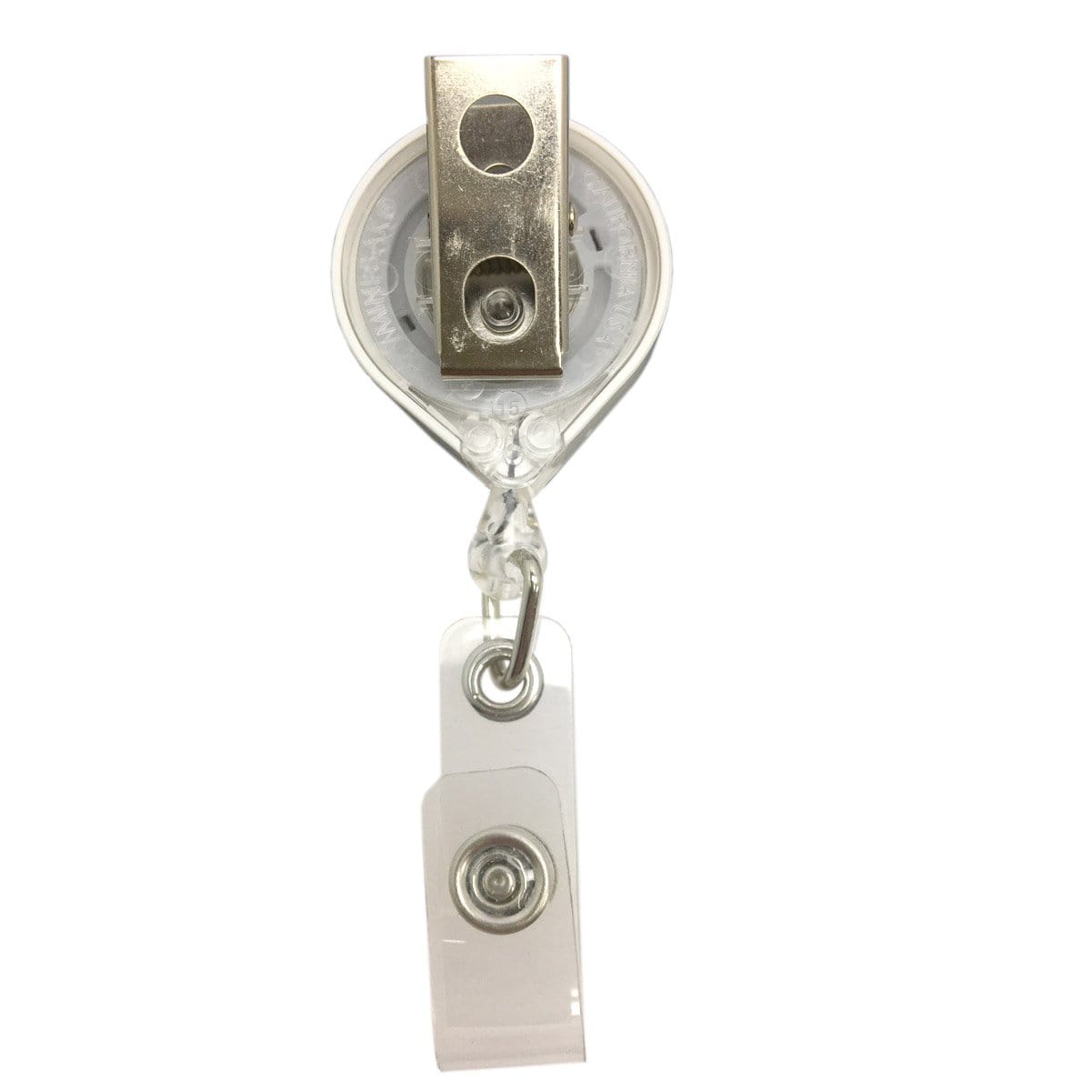 A MINI-BAK #66 White Retractable Reel with 36” Nylon Cord, Vinyl ID Strap and Swivel Clip 0066-005.