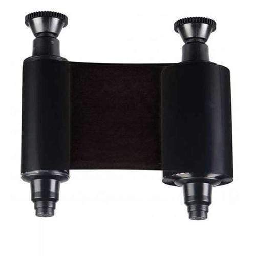 A replacement typewriter ink ribbon with two black spools and a black ribbon in between, ideal for printing text smoothly—like the consistency you'd expect from Evolis R2011 Monochrome Ribbon - 1000 Prints used in card printers.