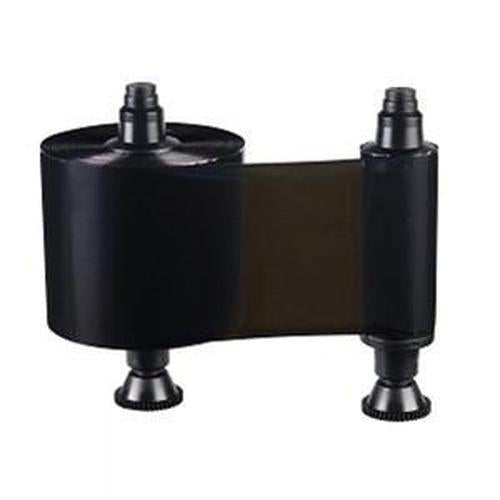 A black resin ribbon with two cylindrical spools and a strip of black film in the center, compatible with the Evolis R2131 Black Monochrome Ribbon - 3,000 Prints.