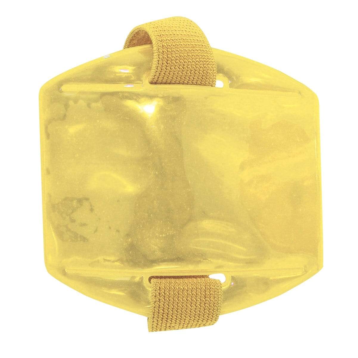 A yellow, rectangular Vertical Reflective Armband ID Holder (R504-ARN) with a textured surface and an adjustable strap on the top.