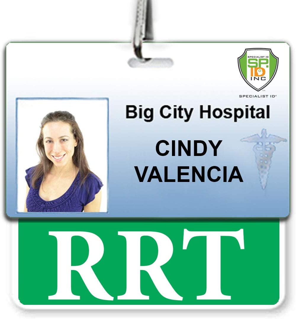 The ID badge for Cindy Valencia from Big City Hospital features her photo, a medical symbol, and the letters "RRT" representing her role. Crafted on the highest quality synthetic paper, it offers clear role recognition with an integrated "RRT" Horizontal Badge Buddy.