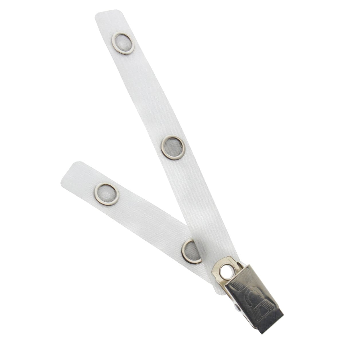 A Dual ID Strap Clip for Holding Two ID Badges or Badge Buddy and ID Badge (S2204) with three metal grommets and a metal clip at one end, perfect for holding ID badges securely.