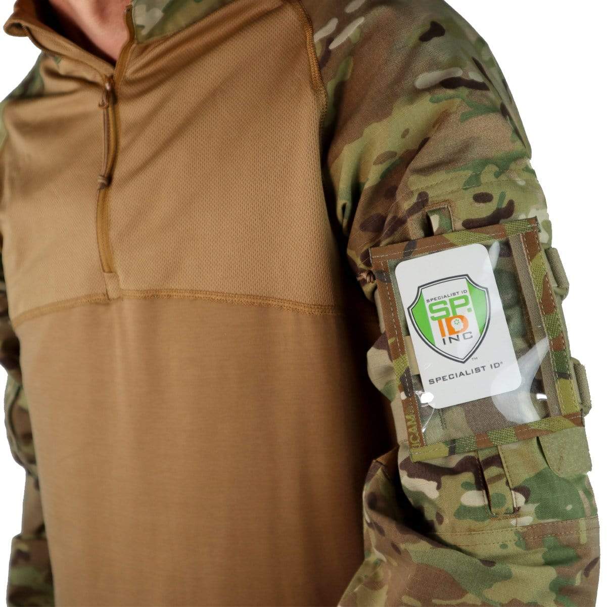 A person wearing a camouflage military uniform with a Raine Military ID Badge Armband Holder with Two Straps (SPID-1090) containing an ID card attached to their upper arm.