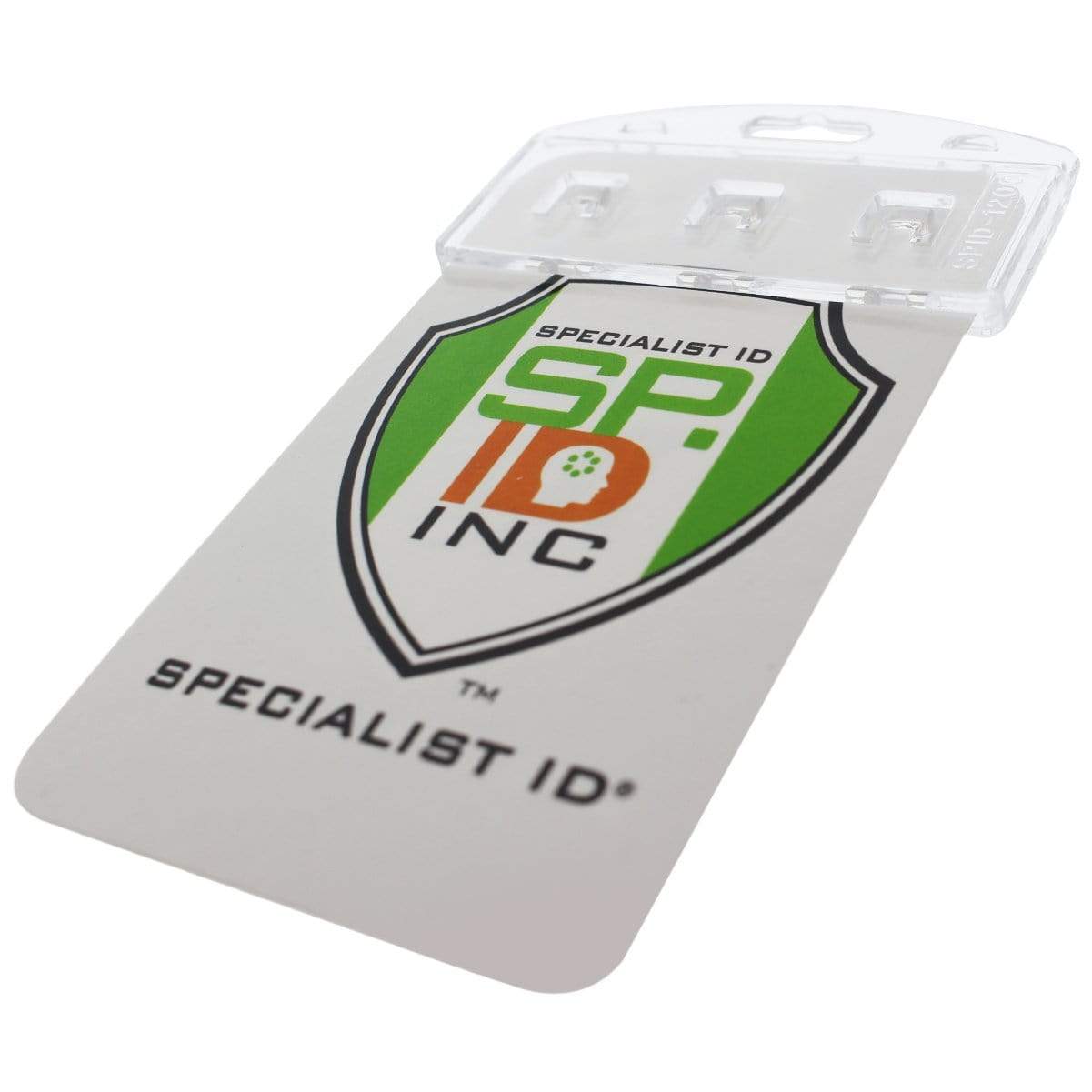 A Vertical Half Card Badge Holder for Smart Chip (INSERT) PIV Common Access and Chip Credit Cards (SPID-1200) displaying the logo and company name, "Specialist ID Inc." in a shield design with green and orange colors, crafted from heavy-duty poly-carbonate.