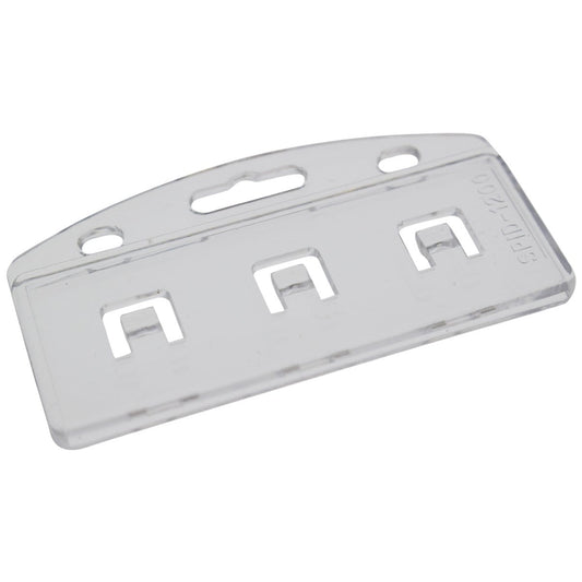 A clear, heavy-duty Vertical Half Card Badge Holder for Smart Chip (INSERT) PIV Common Access and Chip Credit Cards (SPID-1200) with three rectangular cutouts and a handle at the top.