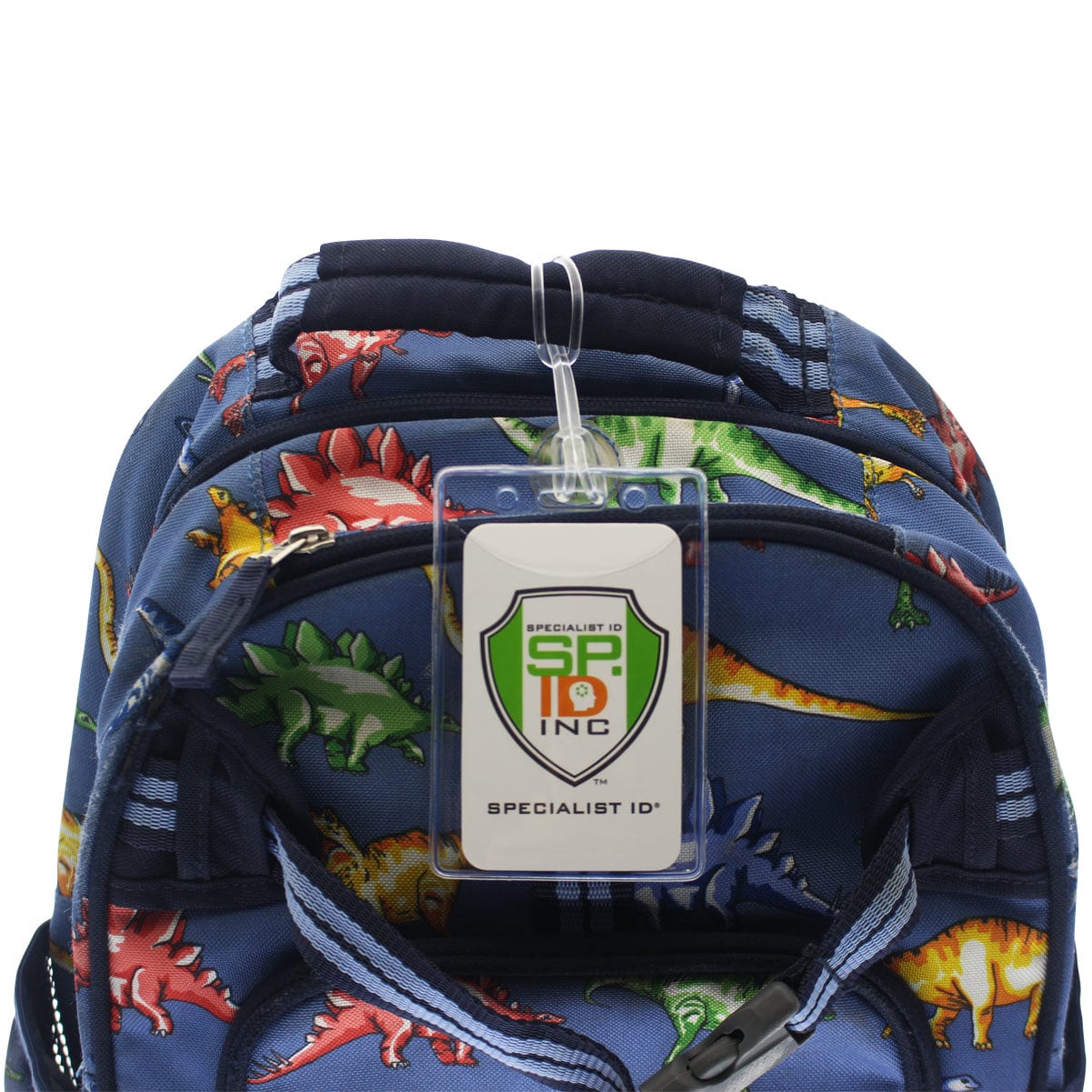 A blue backpack with colorful dinosaur patterns, equipped with secure worm loops and an attached Clear Plastic Luggage Identification Tags with Loops Included - Business Card or Photo Insert (Easy Access).