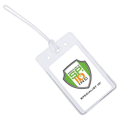 A clear plastic ID badge holder with a white insert displaying a logo for "Specialist ID, Inc." and an attached plastic strap, ideal for use as **Clear Plastic Luggage Identification Tags with Loops Included - Business Card or Photo Insert (Locking Top)**.