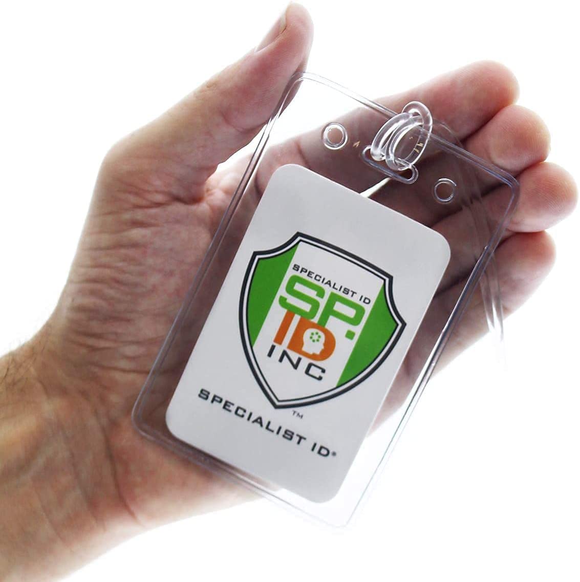 A hand holding a Clear Plastic Luggage Identification Tags with Loops Included - Business Card or Photo Insert (Locking Top) with secure loops and a card inside displaying the Specialist ID logo.