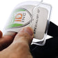 A hand holding Clear Plastic Luggage Identification Tags with Loops Included - Business Card or Photo Insert (Locking Top) with a Specialist ID card inside, secured by durable loops similar to those on luggage tags.