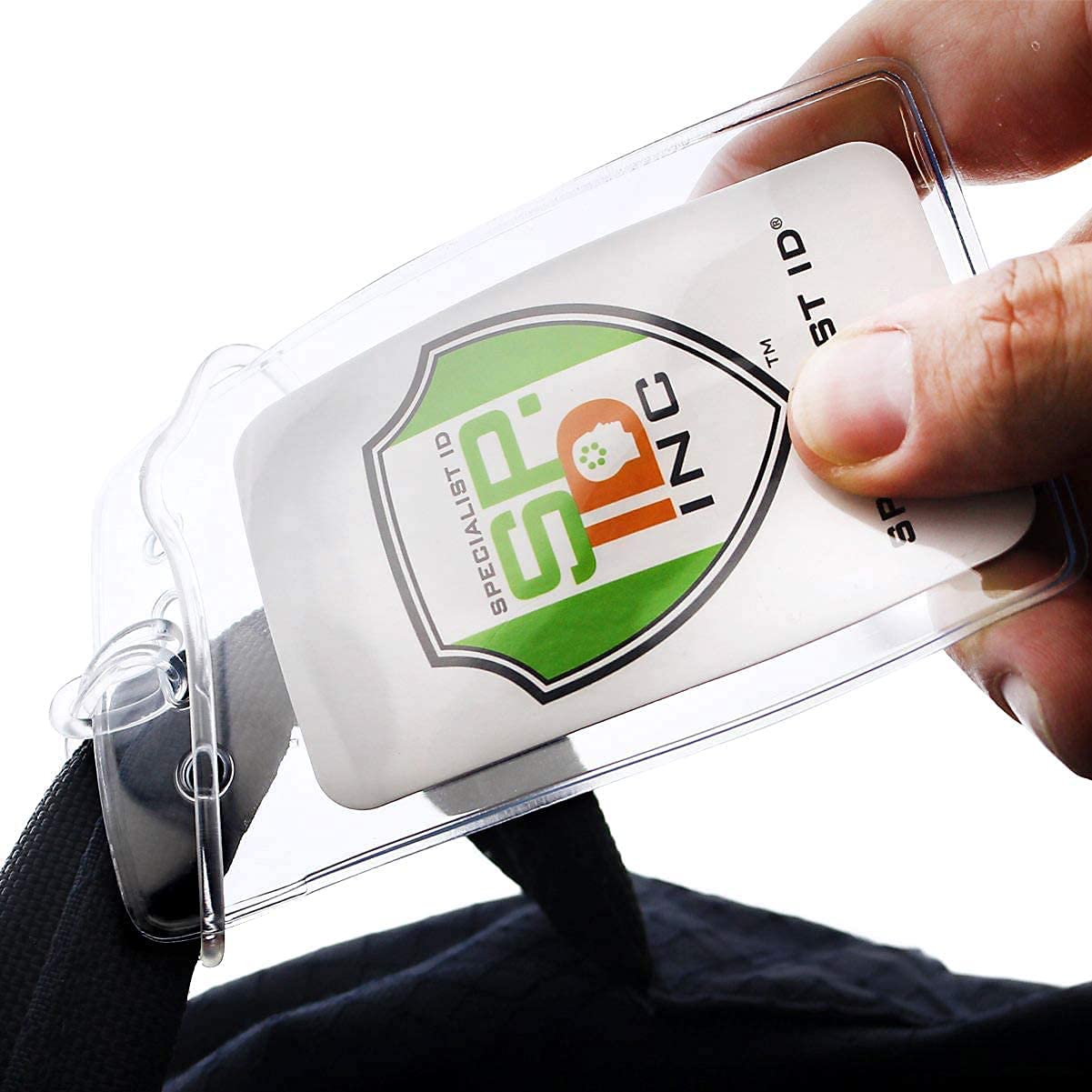 A close-up of a hand inserting a badge with the "Specialist ID" logo into Clear Plastic Luggage Identification Tags with Loops Included - Business Card or Photo Insert (Locking Top), attached to a black strap, ideal for secure loops and luggage tags.