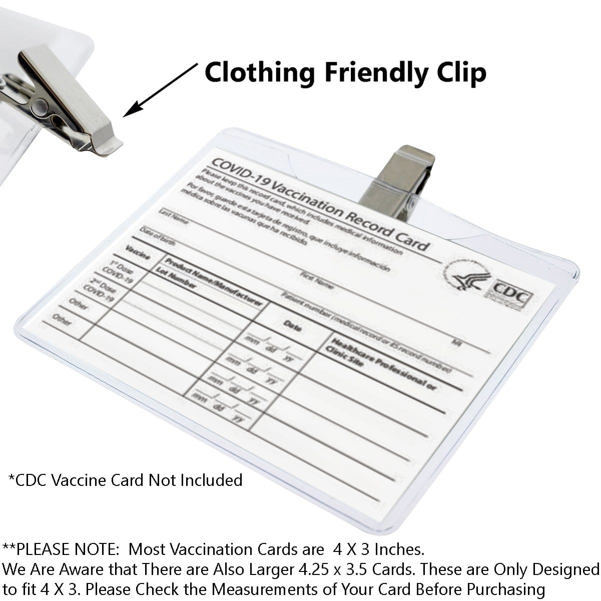 Heavy Vaccination Card Holder with Clip - 4 x 3 Vinyl Badge Holder with Clothing Friendly Bulldog Clip - Clear, Horizontal & Durable (SPID-1440) SPID-1440