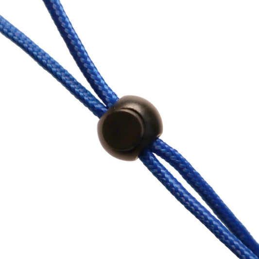 Close-up of a blue cord with a black plastic toggle, perfect for a hands-free display or securing an Adjustable Length Double Ended Lanyard - Handy & Convenient Event Badge Holder & Hanger with 2 Clips.