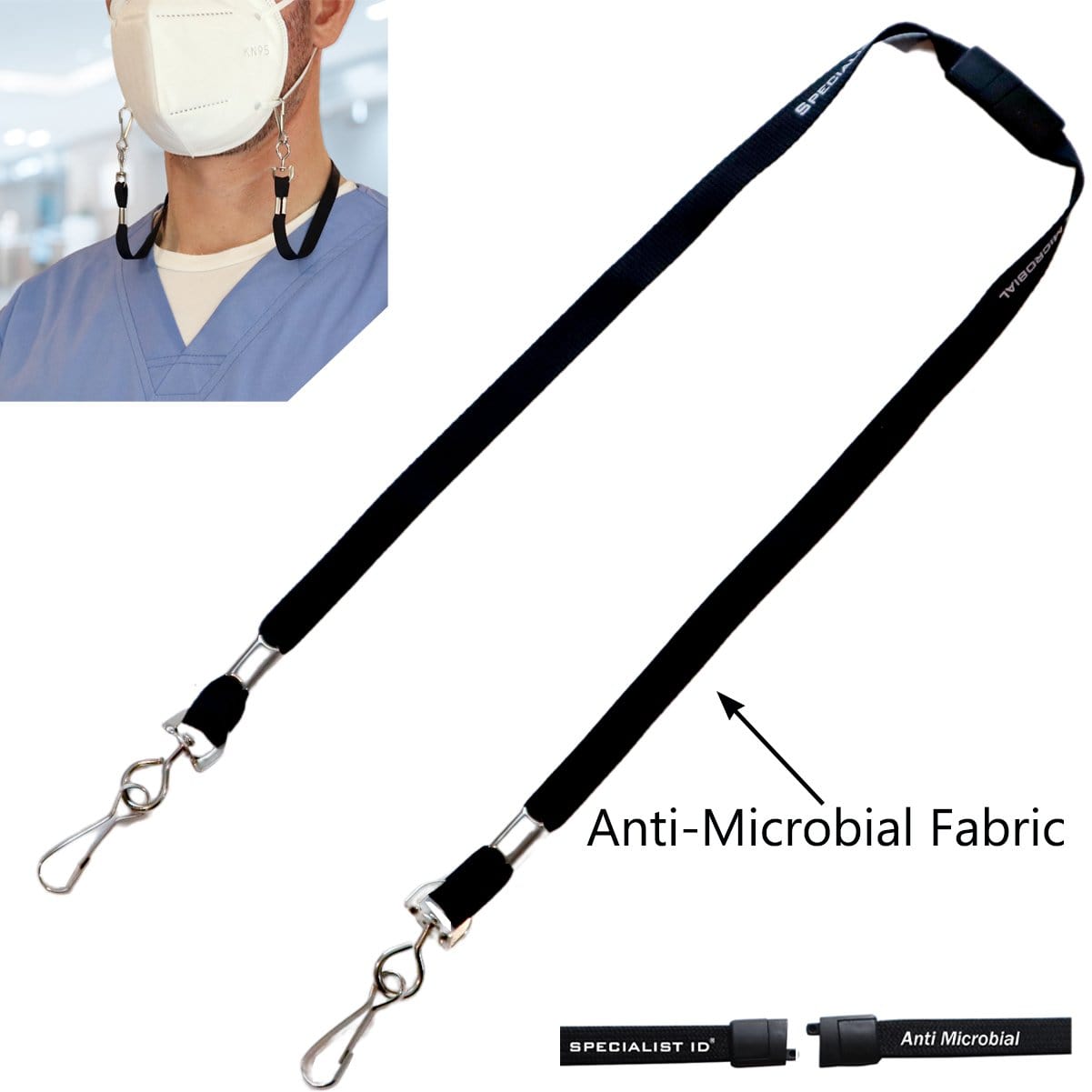 A black lanyard with clips on both ends and labeled "Antimicrobial Lanyard with Two Clips - Short Length Double Clip Lanyard with Safety Breakaway - 25 Inch Perfect Size for Students & Adults (SPID-2360)." An inset shows a person using the antimicrobial lanyard with a face mask, highlighting its germ-inhibiting properties.