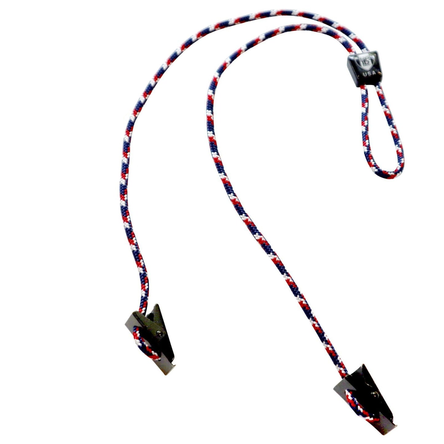 A USA Made Adjustable Double Clip Lanyard - Woven Nylon Neck Hanger with 2 Bulldog Clips with an adjustable plastic bead slider.