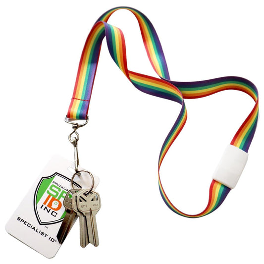 A Rainbow Lanyard with Breakaway Clasp and Swivel Hook (P/N 2138-5260) holds a white ID card featuring a green and orange logo that reads "Specialist ID Inc." along with three silver keys.