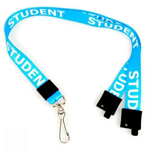 A Blue Pre-Printed Student Lanyard (SPID-2801) with the word "STUDENT" repeatedly printed in white. It has a metal clasp, two black plastic safety clips, and a safety breakaway feature.