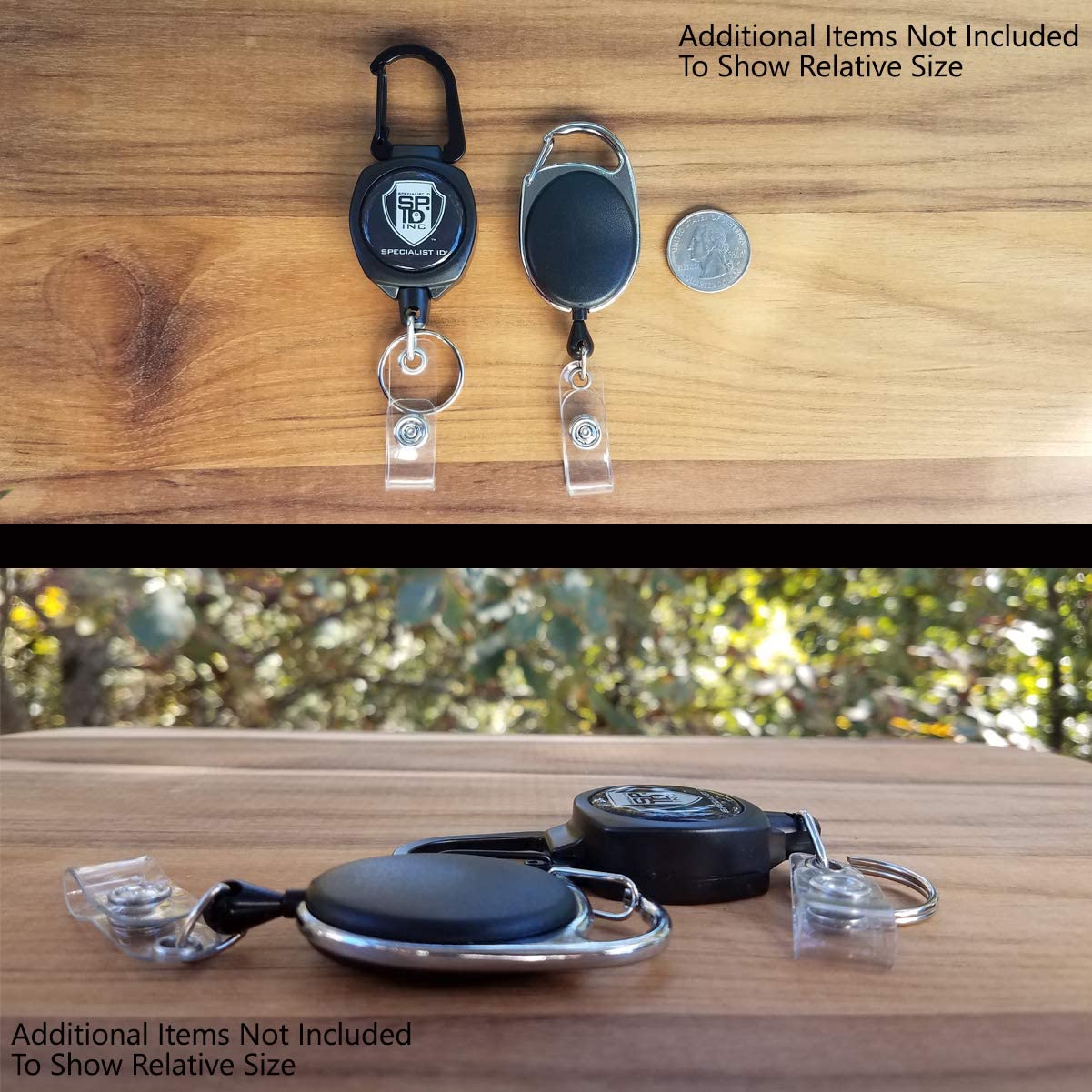 Two SPID Key-Bak SIDEKICK Heavy Duty Retractable Carabiner Badge Reels with ID Holder Strap & Keychains shown against a wooden surface, one in a vertical and another in a horizontal position. A coin is placed nearby for size comparison. These keychains feature Kevlar retractable cords, ensuring durability for everyday use.