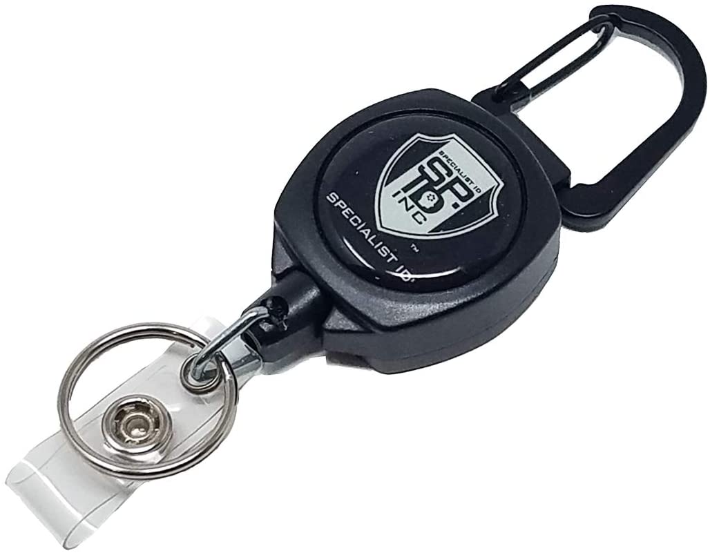 SPID Key-Bak SIDEKICK Heavy Duty Retractable Carabiner Badge Reel with ID Holder Strap & Keychain, featuring a heavy duty retractable carabiner hook and a logo with the text "Specialist ID" on its body.